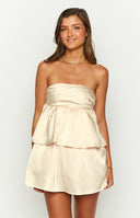 Beginning Boutique Jamie Cream Satin Strapless Mini Dress cream satin bandeau mini with spaghetti straps and tiered skirt