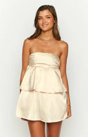 Beginning Boutique Jamie Cream Satin Strapless Mini Dress cream satin bandeau mini with spaghetti straps and tiered skirt