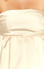 Cream satin strapless bodice with a delicate gathered seam at the waist of the mini dress