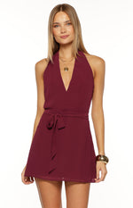 Jazmene Burgundy Halter Neck Wrap Mini Dress Image
