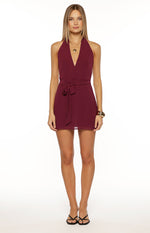 Jazmene Burgundy Halter Neck Wrap Mini Dress Image