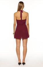 Jazmene Burgundy Halter Neck Wrap Mini Dress Image