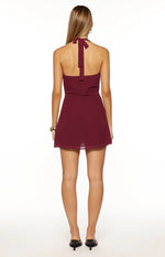 Jazmene Burgundy Halter Neck Wrap Mini Dress