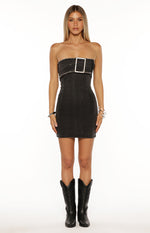 Jengi Black Washed Denim Buckle Strapless Mini Dress Image