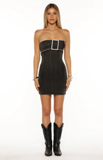 Jengi Black Washed Denim Buckle Strapless Mini Dress