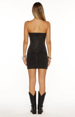 Jengi Black Washed Denim Buckle Strapless Mini Dress Image