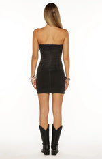 Jengi Black Washed Denim Buckle Strapless Mini Dress