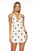 Beginning Boutique Karrie White Polka Dot Halter Mini Dress white polka dot halter deep V-neck fitted stretch mini dress
