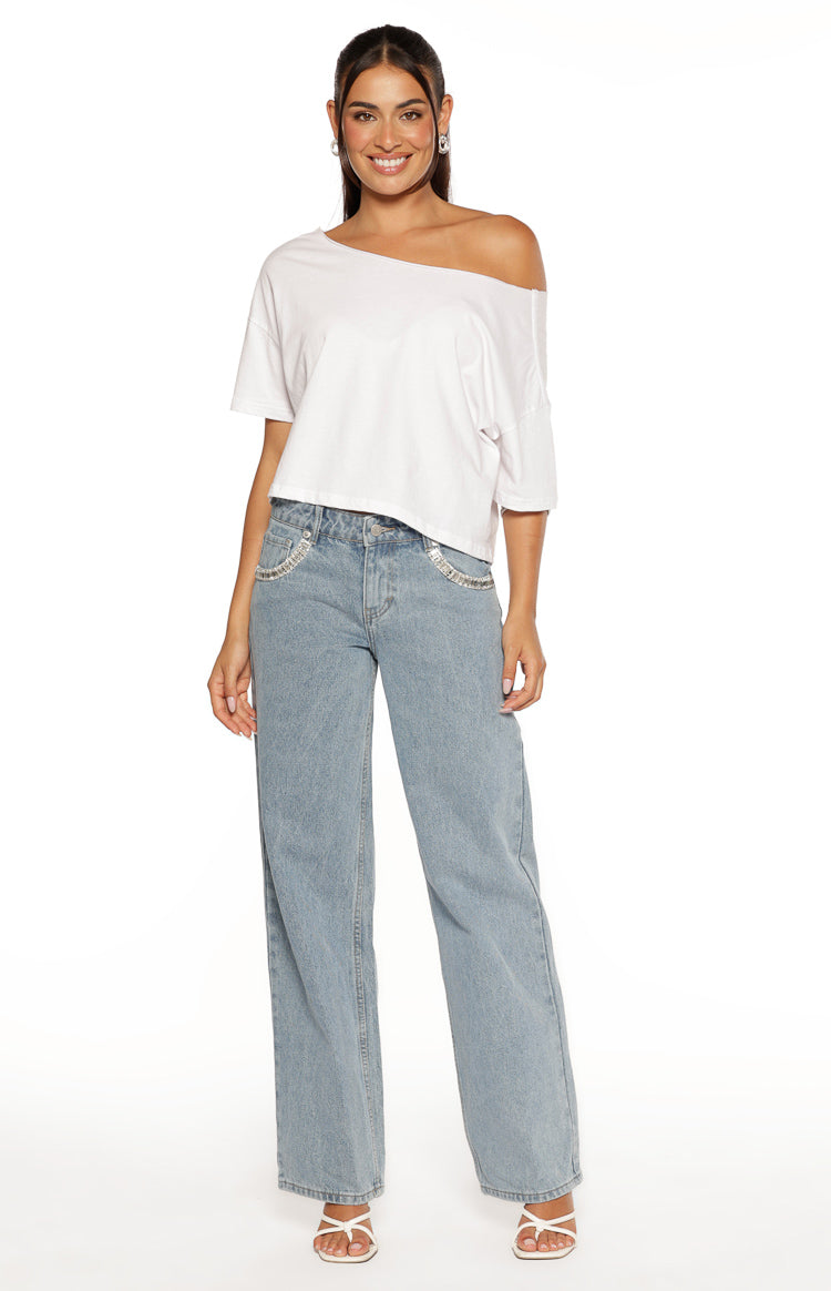 Kavira Light Wash Denim Diamante Trim Low Rise Jeans Image