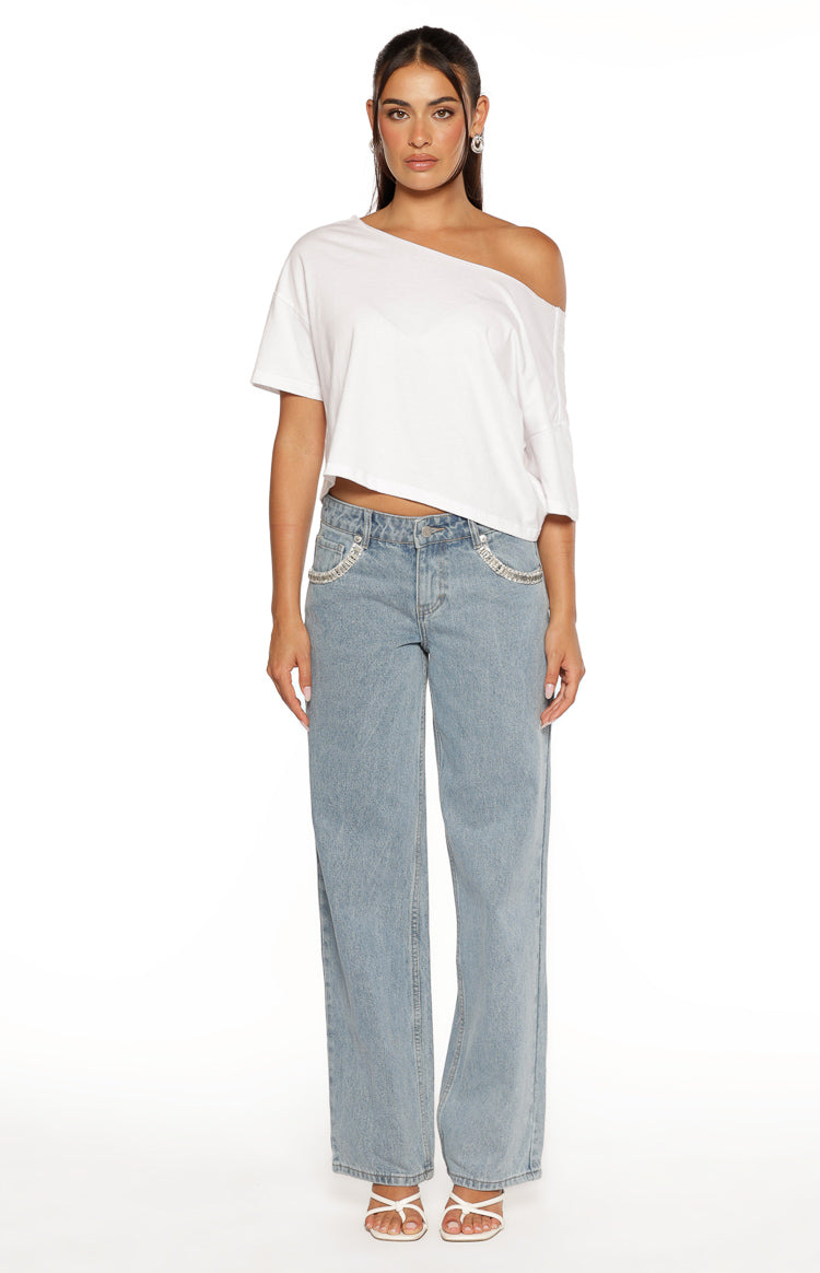 Kavira Light Wash Denim Diamante Trim Low Rise Jeans Image