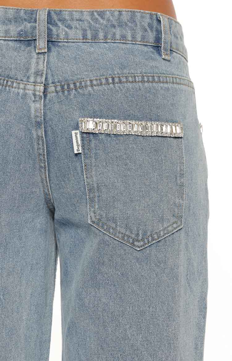 Kavira Light Wash Denim Diamante Trim Low Rise Jeans Image