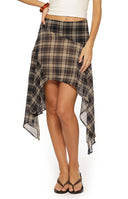 Beginning Boutique Khalea Blue Plaid Hanky Hem Midi Skirt dark blue beige and brown plaid fitted midi skirt with hanky hem