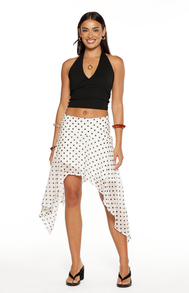White polka dot hanky hem midi skirt with a flowy wrap front