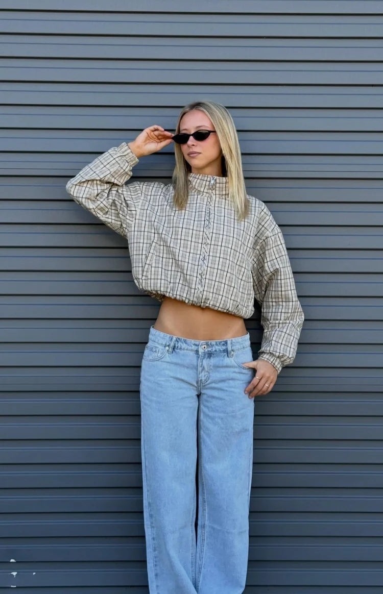 Lee Beige Plaid Funnel Neck Jacket - PRE ORDER