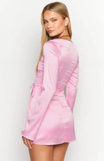 Lucy Pink Satin Long Sleeve Mini Dress