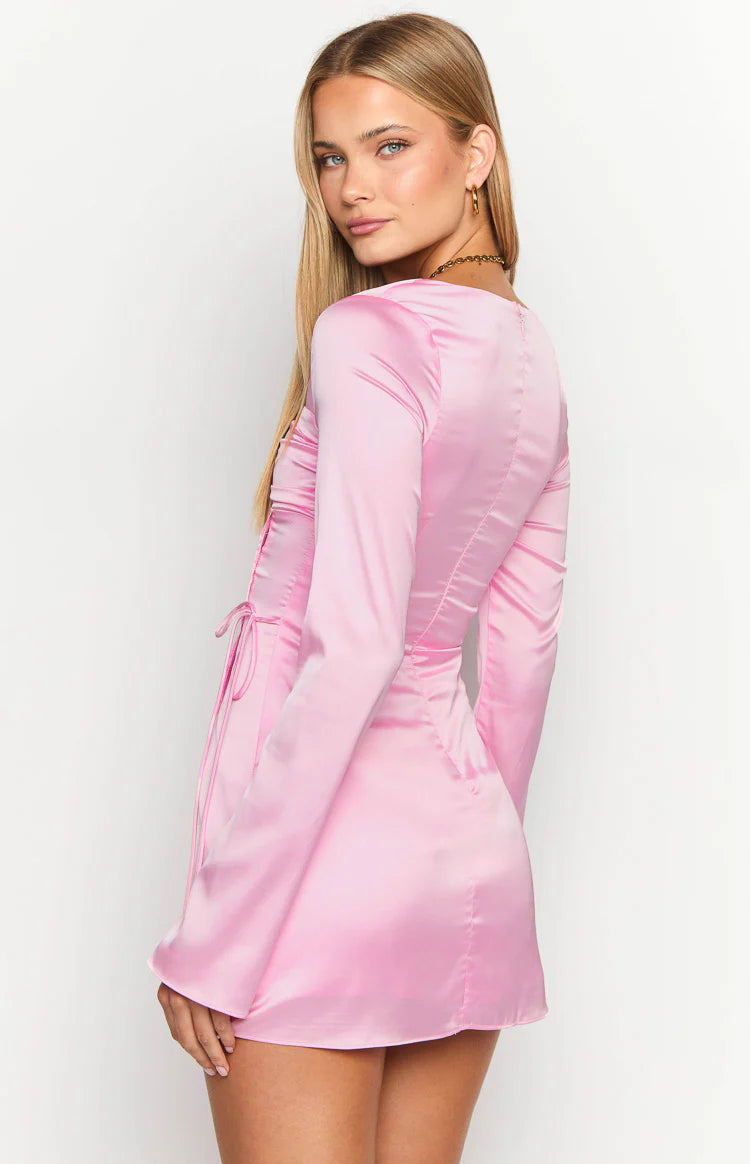 Lucy Pink Satin Long Sleeve Mini Dress