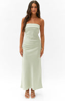 Beginning Boutique Maiah Sage Maxi Dress sage strapless satin maxi dress with pleated bust detail