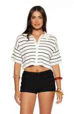 Front view of a white and navy striped cropped knit sweater with a collared V-neck and short sleeves