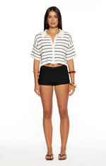 White navy stripe cropped knit sweater with an open polo collar and ribbed short sleeves
