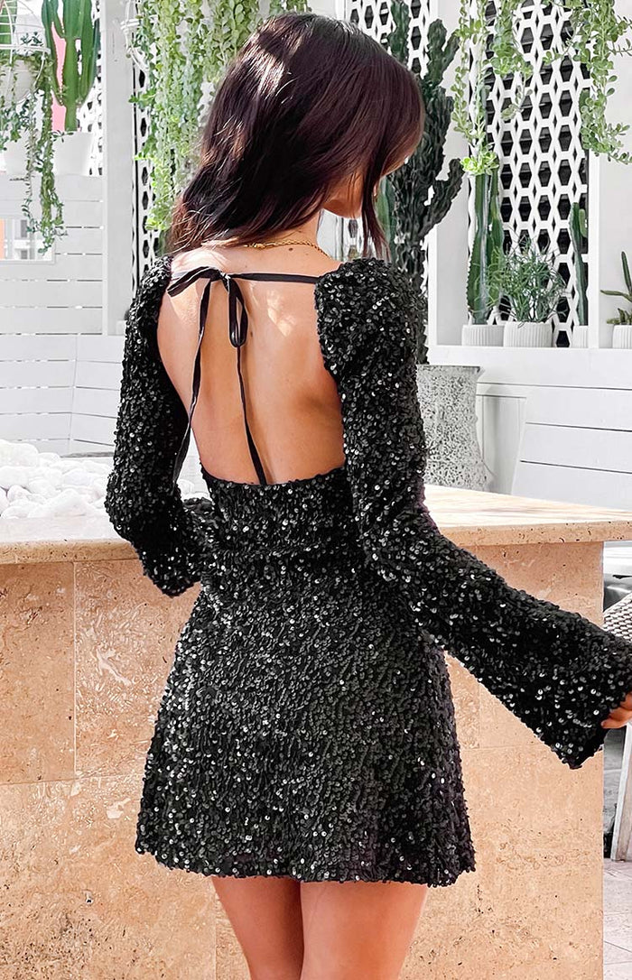 Marienne Black Velvet Sequin Long Sleeve Mini Dress | Beginning Boutique NZ