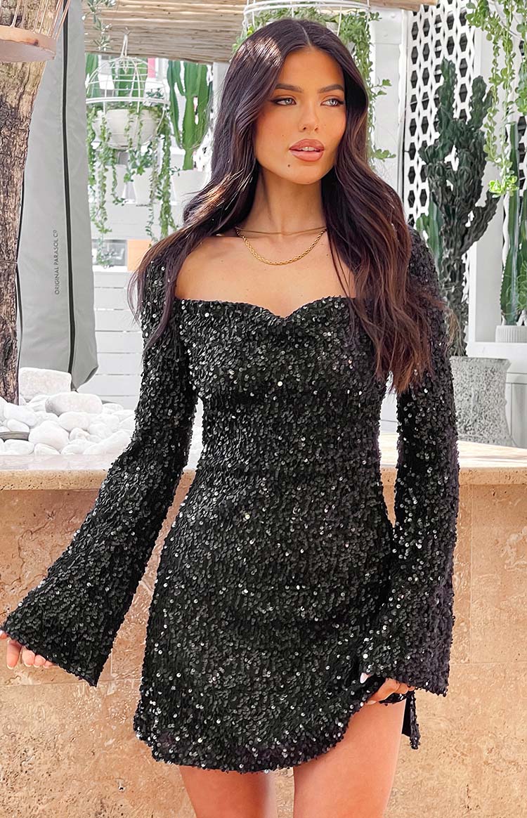 black sequin dress nz Penelope One Sleeve Sequin Dress - Women's Fashion