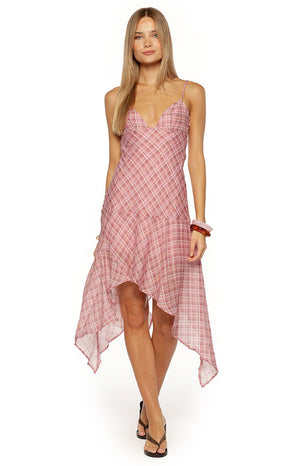 Beginning Boutique Milla Pink Plaid Hanky Hem Midi Dress pink plaid sheer V-neck spaghetti strap fitted bodice flowy hanky hem midi