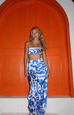 Mykonos blue and white abstract print scarf top, strapless bandeau style, cropped fit, resort wear