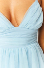 Close-up of the light blue tulle V-neck bodice with ruched waist and gathered skirt