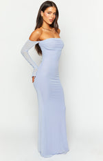 Side view of a lilac off-shoulder ruched maxi dress with long sheer sleeves and thumbholes