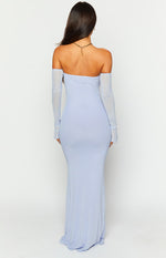 Rear view of a lilac strapless maxi dress with detached sheer long sleeves