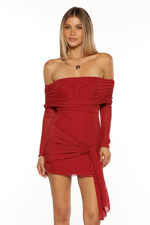Beginning Boutique Paige Red Off The Shoulder Mini Dress red mesh off-shoulder long sleeve ruched tie-front mini dress