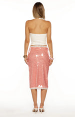 Petra Pink Sequin Lace Trim Midi Skirt