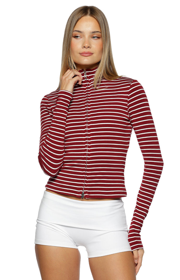 Poppi Burgundy Stripe Double Zip Sweater Image