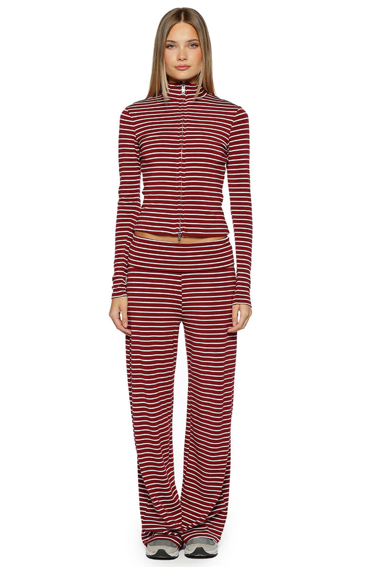 Poppi Burgundy Stripe Double Zip Sweater