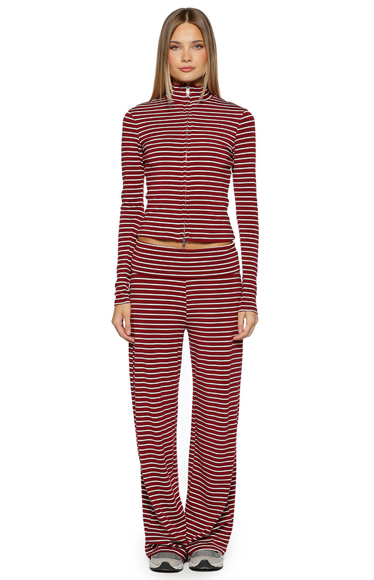 Pippen Burgundy Stripe Foldover Wide Leg Pants Image