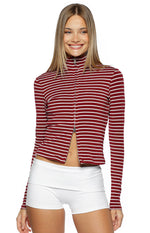 Poppi Burgundy Stripe Double Zip Sweater Image