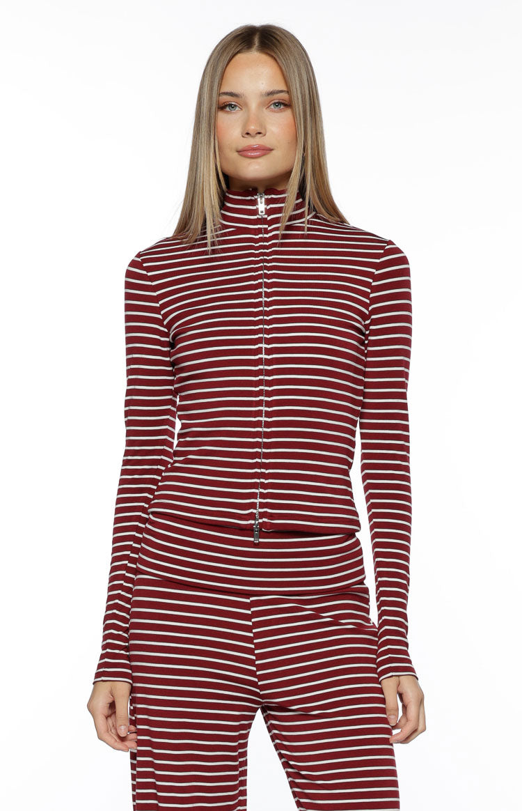 Poppi Burgundy Stripe Double Zip Sweater Image