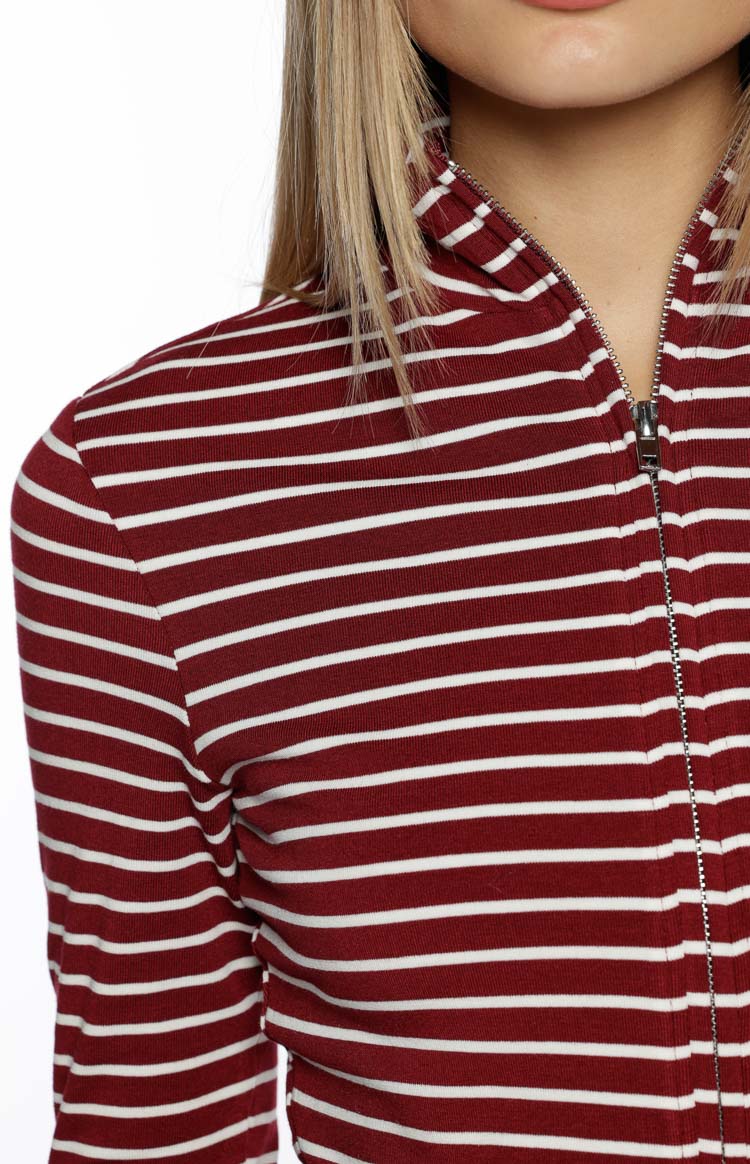 Poppi Burgundy Stripe Double Zip Sweater Image