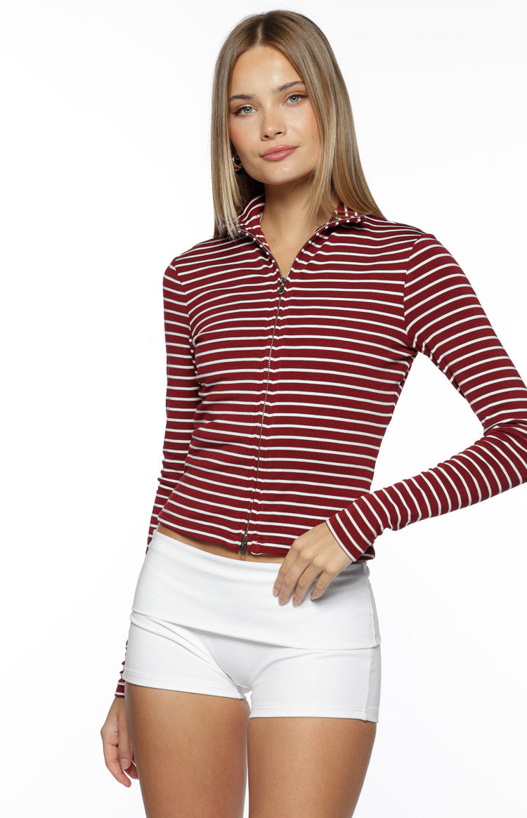 Poppi Burgundy Stripe Double Zip Sweater Image