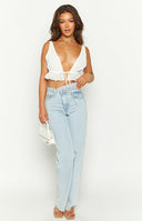 Beginning Boutique Poppy White Crop Top white deep V-neck sleeveless crop top with ruched bust tie-front and ruffled hem