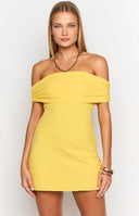 Beginning Boutique Primrose Yellow Off the Shoulder Mini Dress Primrose yellow off-the-shoulder mini dress with a ruched bodice and textured fabric