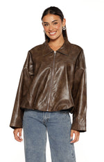 River Vintage Brown PU Bubble Hem Bomber Jacket Image