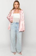 Rose pink satin blazer with a relaxed open fit, notched lapels, and double-breasted buttons