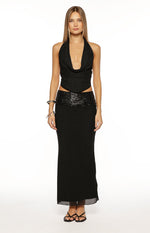 Saedee Black Mesh Sequin Band Maxi Skirt Image