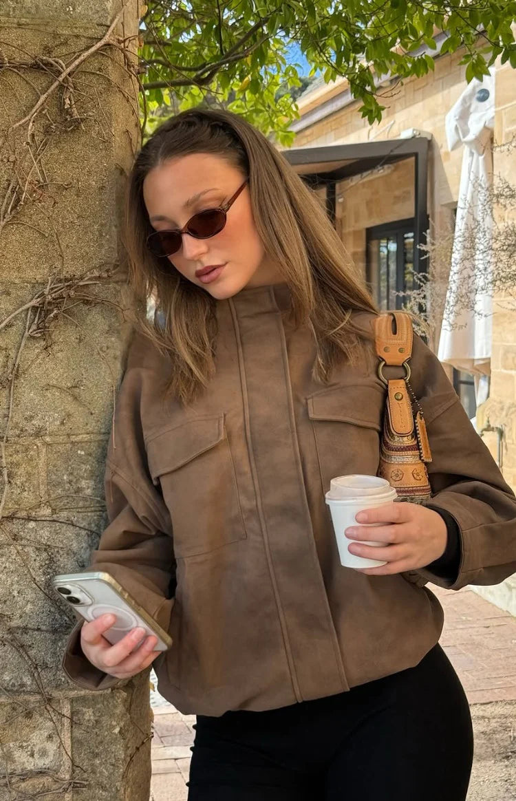 Sapna Brown Oversized Funnel Neck Suedette Jacket