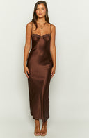 Beginning Boutique Scarlette Brown Maxi Dress dark brown satin maxi dress with sweetheart lace trim neckline and thin spaghet