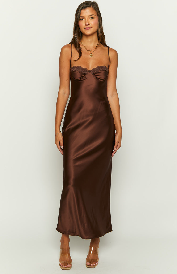 Front view of a brown satin maxi dress with a sweetheart neckline and delicate lace trim