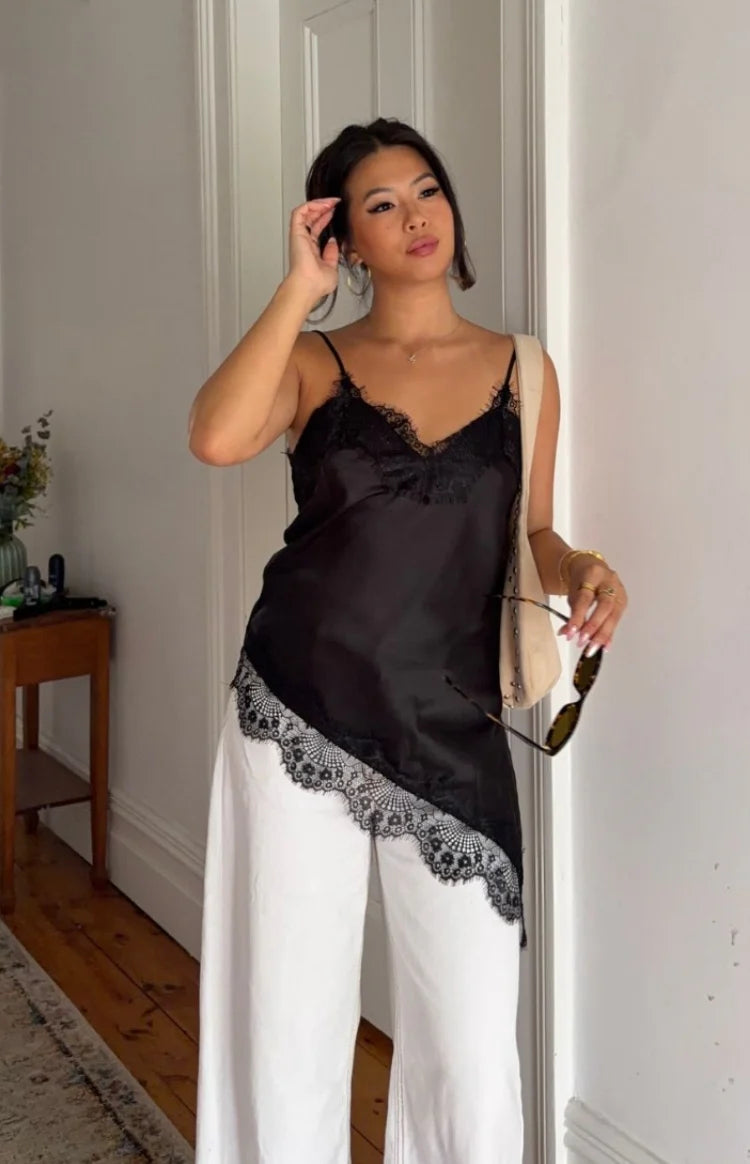 Ziva Black Satin Lace Trim Asymmetrical Top
