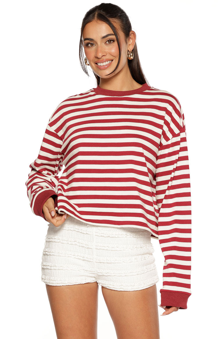 So Breezy Burgundy Stripe Long Sleeve Top Image