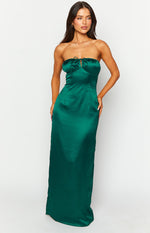 Emerald satin strapless maxi dress with a sweetheart neckline, tie-front bust, and fitted bodice
